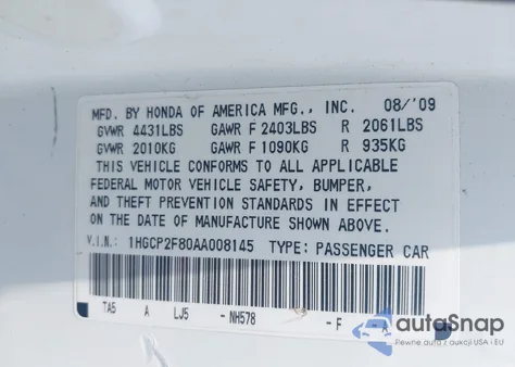 2010 Honda Accord 2.4 Ex-L z USA, uszkodzony, nr VIN 1HGCP2F80AA008145